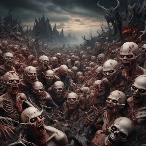 Prompt: Frozen hell landscape with  wicked deformed faces everywhere and demons torturing people. Ripping and tearing and eating flesh from the bones hundreds of faces in agony in the ground 