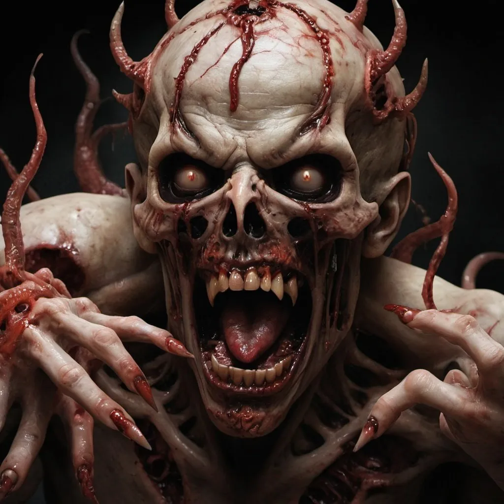 Prompt: Hell putrid twisted agony rotting distress demonic beings ripping tearing claws fused cold torture peeling gnawing 
