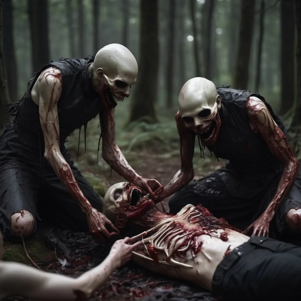 Prompt: Demons peeling the skin off of a headless body in a dark forest and eating corpses with deformed mouths