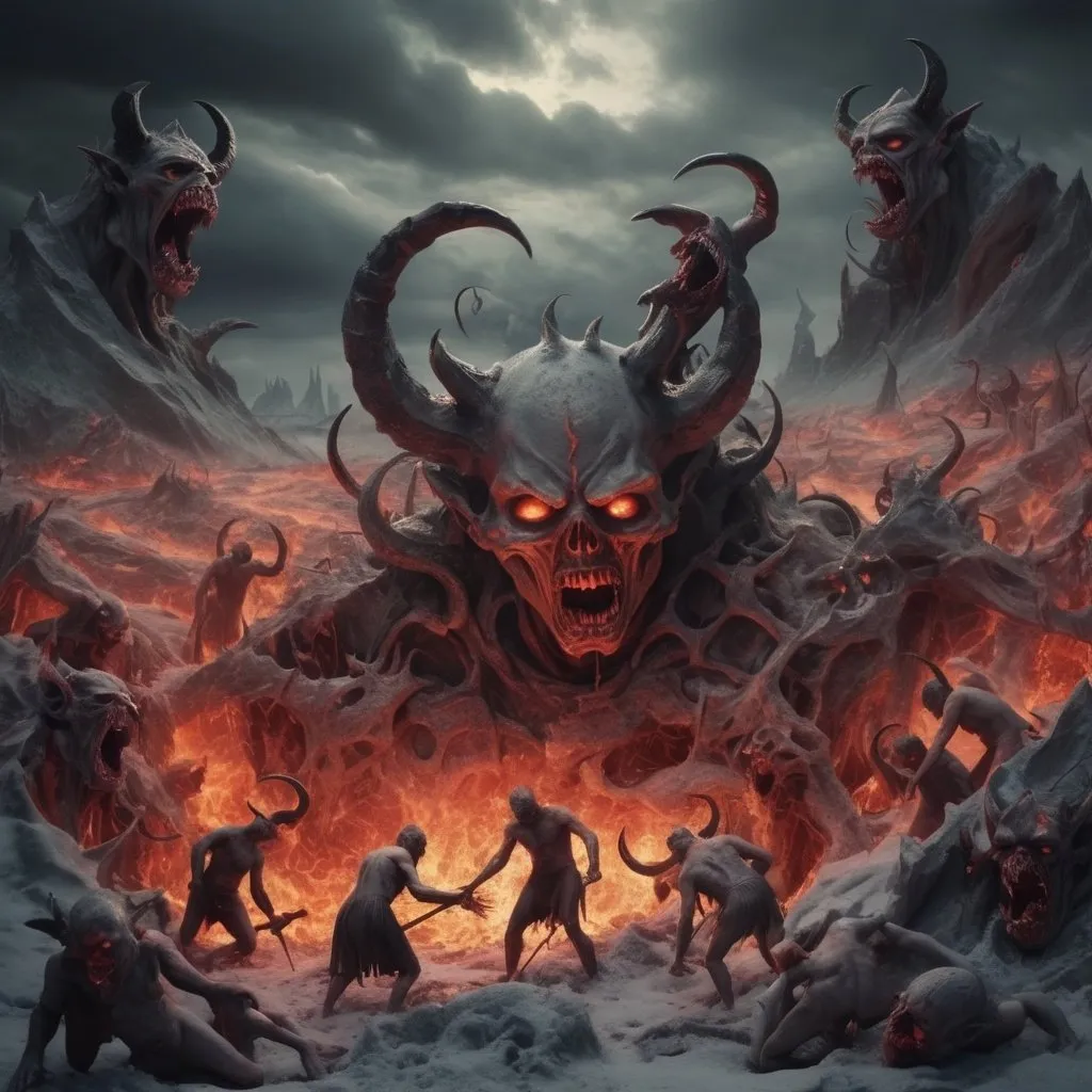 Prompt: Frozen hell landscape with  wicked deformed demons torturing people. Ripping and tearing and eating 