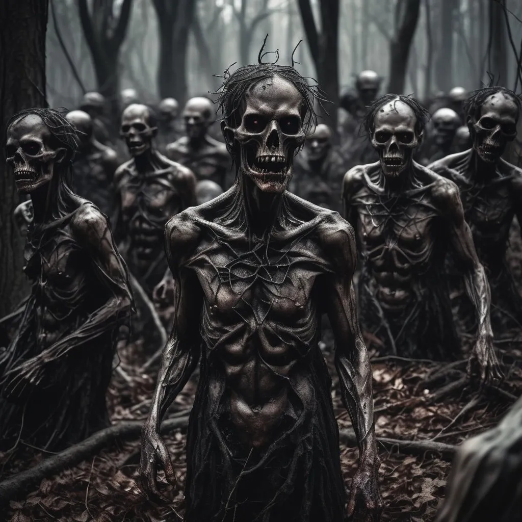 Prompt: Hundreds of demonic people emerging from the trees and ground in a dark forest bony elongated fused deformed contorted tortured ripped cold dark horrors deformed faces of death 