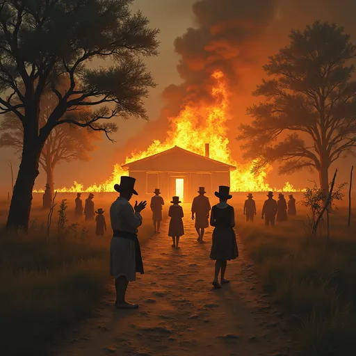 Prompt: In a burning village there were lots of people praying and waiting for the fire to go down, they are wearing hats that look like top hats. There is a house burning to the ground and I hear people yelling HELP! There are animals and people who live in the village and tall trees. The people in the village like to play games and watch TV and play hide and seek, tag and hide and seek tag.
