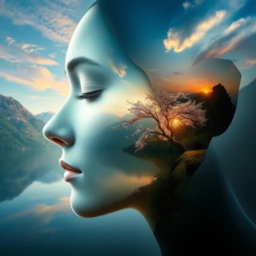 Prompt: This is a digital artwork that features a surreal and ethereal depiction of a woman's profile. The face, rendered in a highly detailed and realistic style, is seamlessly blended with a stunning natural landscape. The skin of the face appears to be peeling away or disintegrating, revealing a beautiful scene underneath. The scene includes a serene lake surrounded by mountains, with a blossoming tree and a vibrant sky filled with warm, golden light. The woman's closed eyes add to the peaceful and contemplative mood of the piece. The overall effect is a powerful juxtaposition of the human and natural worlds, merging them into one cohesive image.

Tags: surrealism, digital art, nature, human face, landscape, blending, ethereal, peaceful.