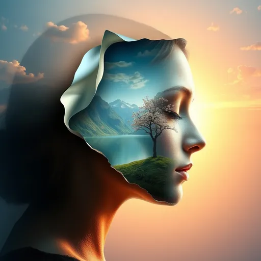 Prompt: This is a digital artwork that features a surreal and ethereal depiction of a woman's profile. The face, rendered in a highly detailed and realistic style, is seamlessly blended with a stunning natural landscape. The skin of the face appears to be peeling away or disintegrating, revealing a beautiful scene underneath. The scene includes a serene lake surrounded by mountains, with a blossoming tree and a vibrant sky filled with warm, golden light. The woman's closed eyes add to the peaceful and contemplative mood of the piece. The overall effect is a powerful juxtaposition of the human and natural worlds, merging them into one cohesive image.

Tags: surrealism, digital art, nature, human face, landscape, blending, ethereal, peaceful.