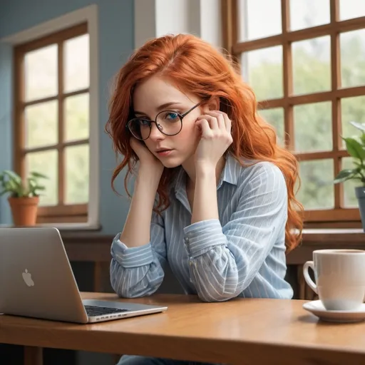 Prompt: A ((digital illustration:2.0)) with a ((realistic and detailed style:2.0)) depicting a (young woman:1.5) with (loose red hair:1.4), wearing (large red glasses:1.3). She is (sitting at a table:1.2), resting her head in her hands (showing a tired or melancholic expression:1.5). She is wearing a (loose and comfortable light blue shirt:1.3). In front of her, there is a (steaming cup of coffee:1.2), and next to the cup, two (cats with orange fur and white stripes:1.3) are sitting on the table, looking at her with (curiosity:1.4). In the background, (soft light filters through a window:1.3), creating a (warm and cosy atmosphere in the room:1.5). On the right, a (laptop is open:1.2), displaying some content on the screen (1.2). --style digital illustration --ar 16:9 --q 2 --v 5 --seed 783412