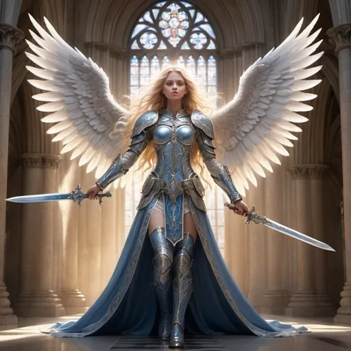 Prompt: This image features a stunning digital artwork of a majestic angelic warrior standing in a grand, illuminated cathedral. The character is adorned in ornate, silver and blue armour, showcasing intricate details that blend both medieval and fantasy elements. Her long, flowing pinkish-blonde hair cascades down her back, and a glowing halo hovers above her head, signifying her divine nature. She holds a large, elegantly designed sword, pointed downwards as if ready to defend or protect. The angel's expansive wings are spread out wide, their feathers glowing softly in the light streaming through the arched windows of the cathedral. The atmosphere is one of both serenity and power, with floating petals and a cool, mystical aura surrounding her. The artwork masterfully combines elements of light, shadow, and texture to create a captivating scene that exudes grace and strength. Tags: angelic warrior, fantasy art, cathedral,