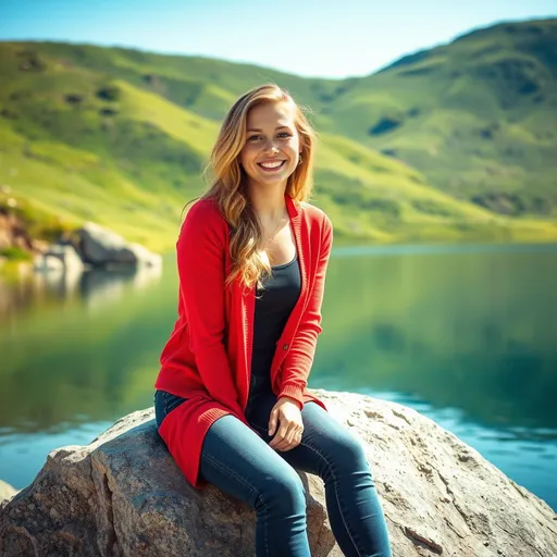 Prompt: A ((photograph in a contemporary style:1.5)) set in the (21st century:1.3). The image shows a (young woman:1.3) sitting on a (large rock:1.3) beside a (calm, clear lake:1.4) with (green hills in the background:1.3). The composition emphasizes the (serene and natural beauty of the landscape:1.5). The woman has (long, wavy blonde hair:1.4) and is (smiling warmly:1.4). She is dressed in a (vibrant red cardigan:1.5), a (black top underneath:1.3), and (fitted jeans:1.3). Her expression and posture suggest a sense of (happiness and tranquillity:1.5). She sits (relaxed on the rock:1.3), with her (legs slightly crossed:1.3) and her (hands resting on her thighs:1.3) in a natural, comfortable pose. The background features a (tranquil lake:1.3) with (green and rocky hills:1.3), illuminated by (bright daylight:1.4) that highlights the vivid colours of both the environment and the woman's outfit. The natural lighting reinforces the (peaceful and calm atmosphere of the scene:1.5). --style realistic photography --ar 16:9 --q 10 --v 5 --seed 752894