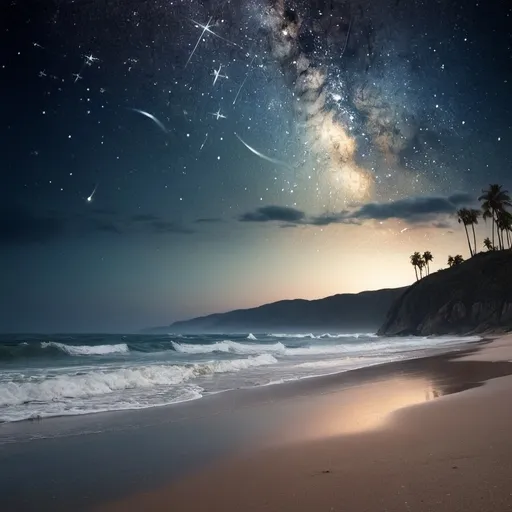 Prompt: A ((beach:1.5)) with a ((star-filled sky:1.5)) and ((ocean below it:1.4)), and a ((few stars in the sky above it:1.4)). The style is by ((David Martin:1.5)), ((space art:1.5)), ((night sky:1.5)), and a ((matte painting:1.5)). --style David Martin --theme space art --setting night sky --type matte painting --q 4 --v 4 --seed 745829301 --neg lowres, poor quality, jpeg artifacts
