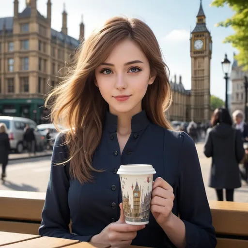 Prompt: A ((digitally rendered:1.5)) (4K anime-artistic:2.0) image featuring a ((very beautiful and attractive young woman:2.0)) enjoying a coffee in a ((stylized cup:1.8)) at an outdoor café, with the Big Ben in the background. The woman has a (charming expression:1.5) as she sits (comfortably:1.3), taking in the scenery. She is dressed in a (fashionable outfit:1.4) that complements her surroundings, with the details of her attire highlighted by the (soft daylight:1.4). The background features the iconic Big Ben, slightly blurred to keep the focus on the woman, but still recognisable, adding a touch of British charm to the scene. The warm sunlight creates (gentle shadows:1.3) and a (serene atmosphere:1.4). The colours are vibrant, enhancing the overall feel of the image. --style anime --ar 16:9 --q 8 --v 5 --seed 812345 --neg (harsh shadows:1.5), (cluttered background:1.4)