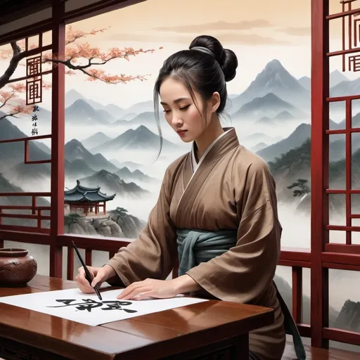 Prompt: A digital artwork with a traditional Chinese style featuring a young woman deeply focused on her calligraphy. She is dressed in a simple, traditional brown garment with her hair neatly tied up in a bun. The background depicts a serene mountain landscape, with misty peaks and valleys rendered in soft, watercolor-like strokes. The scene exudes tranquility, with the woman sitting at a wooden table, her brush poised delicately over a sheet of paper. The inclusion of traditional Chinese stamps and script in the top right corner adds to the authenticity of the piece. The overall composition combines modern digital techniques with classic East Asian artistic elements, capturing a moment of peaceful concentration in an elegant and timeless setting.