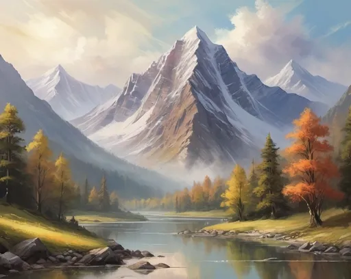 Prompt: An (artistic painting:1.5) of a (majestic mountain scene:1.5) that is both (inspiring:1.5) and (relaxing:1.5). --style scenic --ar 16:9 --q 2 --v 4 --seed 345678123