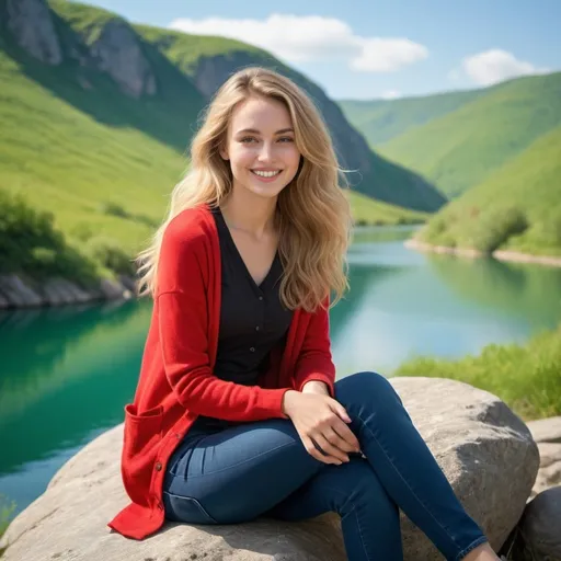 Prompt: A ((photograph in a contemporary style:1.5)) set in the (21st century:1.3). The image shows a (young woman:1.3) sitting on a (large rock:1.3) beside a (calm, clear lake:1.4) with (green hills in the background:1.3). The composition emphasizes the (serene and natural beauty of the landscape:1.5). The woman has (long, wavy blonde hair:1.4) and is (smiling warmly:1.4). She is dressed in a (vibrant red cardigan:1.5), a (black top underneath:1.3), and (fitted jeans:1.3). Her expression and posture suggest a sense of (happiness and tranquillity:1.5). She sits (relaxed on the rock:1.3), with her (legs slightly crossed:1.3) and her (hands resting on her thighs:1.3) in a natural, comfortable pose. The background features a (tranquil lake:1.3) with (green and rocky hills:1.3), illuminated by (bright daylight:1.4) that highlights the vivid colours of both the environment and the woman's outfit. The natural lighting reinforces the (peaceful and calm atmosphere of the scene:1.5). --style realistic photography --ar 16:9 --q 10 --v 5 --seed 752894