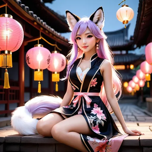 Prompt: A (((digital anime-artistic 4k or 8k rendered image:2.0))) of a ((fox-eared girl:1.5)) sitting in a ((nocturnal setting:1.3)) decorated with ((traditional lanterns:1.4)) and a background evoking an ((Asian-inspired city:1.5)). She is holding a ((fan in her hand:1.2)) and is dressed in a ((traditional yet stylised outfit adorned with flowers and ribbons:1.6)). The girl has ((long pink hair:1.7)) that gently falls over her shoulders. She wears an ((elaborate dress with floral details in pink and black tones:1.6)), complementing her ((fox ears and tail, which are also a light pink shade:1.7)). Her expression is (((sweet and serene:2.0))), with ((large, bright lilac eyes:1.9)). She has ((floral accessories and ribbons in her hair:1.4)), accentuating her ((feminine and delicate appearance:1.5)). The girl is seated in a relaxed manner, with ((one leg crossed over the other:1.3)), holding a ((fan in her right hand:1.3)) while her ((left hand rests on her knee:1.3)). Her posture is (((elegant and calm:2.0))), reflecting a ((serene and confident attitude:1.7)). The background is a mix of ((traditional oriental elements:1.5)), with ((hanging lanterns emitting a warm, soft light:1.6)). The nocturnal scene is primarily lit by these lanterns, creating a (((cosy and magical atmosphere:2.0))). An ((Asian-style architecture:1.4)) can be seen in the background, blurred by distance, adding depth to the scene.