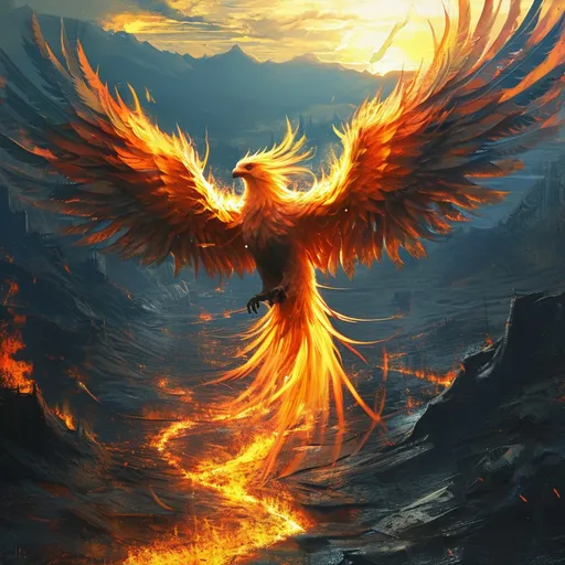 Prompt: A breathtaking digital artwork depicting a magnificent phoenix rising from the ashes. The creature, composed entirely of roaring flames, spreads its fiery wings wide, illuminating the dark, scorched landscape below. The surrounding terrain is a desolate wasteland, consumed by fire, with distant mountains and ruins barely visible through the haze. The scene captures the essence of rebirth and resilience, as the phoenix soars triumphantly towards the heavens, leaving a trail of fire in its wake.