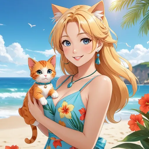 Prompt: A ((digital rendering:2.0)) in ((contemporary anime style:1.5)) set in the ((21st century:1.3)), with a (summery and cheerful atmosphere:1.4). The image depicts a (28 years old woman with feline features:1.9), such as (pointed ears:1.4) and (large eyes:1.3), enjoying a (sunny day at the beach:1.5). She is (smiling:1.4) and (waving with one hand:1.3) while her (dress is being moved by the breeze:1.5). She has (long blonde hair:1.4) with (feline ears on top of her head:1.3). Her eyes are (large:1.3) and (bright orange:1.4), matching her (cheerful expression:1.4). She is wearing a (sleeveless summer dress:1.4) with a (leaf pattern in orange and blue. Her accessories include (blue earrings:1.3) and a (thin bracelet on her wrist:1.3). She is (standing on the beach:1.4), with (one hand near her neck:1.3) and the (other raised in a wave:1.4). The background shows a (beach with clear water:1.4) and a (clear sky:1.3). There are (red flowers:1.3) and (green leaves:1.2) in the corners of the image, suggesting a (tropical setting:1.3). The sunlight illuminates the scene, creating (soft shadows:1.4) and (reflections in the water:1.4), giving a sense of (warmth and tranquillity:1.5). --style anime --ar 16:9 --q 8 --v 5 --seed 748921