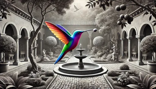 Prompt: A ((hyper-realistic image:1.7)) of a ((hummingbird:1.6)) in a ((scene:1.5)) where everything is in ((grayscale:1.6)) except for the ((hummingbird:1.5)) which is in ((vibrant colours:1.7)). In the ((background:1.5)), a ((courtyard:1.6)) with a ((fountain in the centre:1.5)) surrounded by ((trees:1.4)) and ((small bushes:1.4)) is visible. The entire scene is in ((grayscale:1.6)), but the ((colourful hummingbird:1.7)) stands out ((vividly:1.6)) against the ((monochromatic background:1.5)). The ((hummingbird:1.6)) is feeding from a ((nearby fruit tree:1.5)), which is ((entirely in grayscale:1.4)). --style hyper-realism --ar 16:9 --v 5 --q 5 --seed 234567 --neg clutter