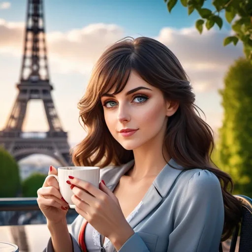 Prompt: ((Rendered 4k 8k anime-realistic style image:2.0)) of a gorgeous American young woman in a Good morning mood drinking a tea (only one stylised mug of tea) at the Eiffel Tower. 
She has a dark hair, grey eyes, red nails.