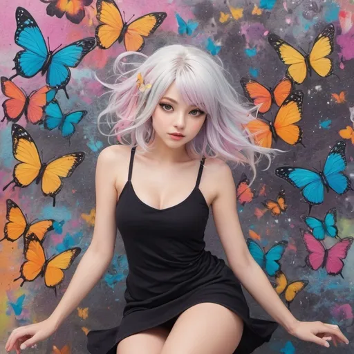 Prompt: kitten, woman platinum ombre hair, butterflies and muted pastel rainbow graffiti wall, little black mini dress, manga style