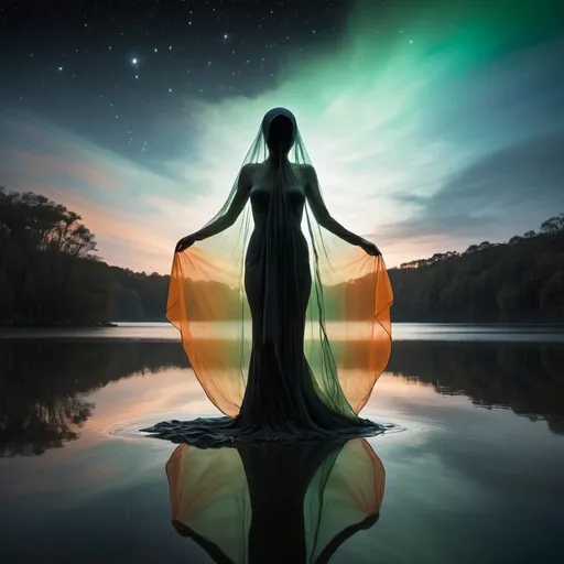 Prompt: A surreal and ethereal image depicting the silhouette of a female figure draped in a translucent veil. The figure stands atop a body of water, with her reflection visible on the surface. Surrounding her, the sky and environment are filled with swirling clouds of colours blending black, green, and orange tones, with bright stars twinkling in the background. The atmosphere is mystical and dreamlike, with soft lighting emanating from a light source in the bottom right corner, accentuating the figure and creating a dramatic contrast against the dark background.