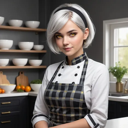 Prompt: This digital artwork portrays a young woman with short, silver hair styled in a neat bob, accentuated by a black headband with gold detailing. Her bright yellow eyes stand out against her fair complexion, adding a touch of warmth and friendliness to her appearance. She is dressed in a stylish, grey checkered dress with a high collar and a waist tie, which gives her a professional yet elegant look.

The setting is a modern, well-lit kitchen, with sleek black cabinets and stainless steel appliances. The shelves are lined with neatly arranged bowls and ingredients, including freshly baked goods and vegetables, suggesting a well-organized and efficient workspace. The lighting in the kitchen highlights the character and the pristine environment, creating a clean and inviting atmosphere.

The character's expression is calm and composed, as if she is ready to prepare a delicious meal, contributing to the overall serene and orderly mood of the image. The composition effectively combines elements of professionalism and elegance, making it a visually appealing and well-balanced piece.
Tags: digital art, silver hair, modern kitchen, elegant chef, professional attire, serene atmosphere.
