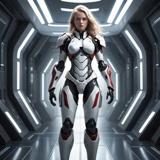 Prompt: A striking digital artwork featuring a futuristic female warrior standing in what appears to be a high-tech, space-faring environment. The character is adorned in a sleek, form-fitting, advanced exosuit with a blend of white, grey, and black tones, accented with red and blue highlights. The armour is intricately detailed, emphasizing both strength and agility, with a design that balances both function and aesthetics. Her blonde hair cascades down in soft waves, contrasting with the cold, metallic surroundings, and her large, expressive blue eyes convey a sense of determination and resolve. The lighting is subtle yet effective, casting a soft glow that highlights the contours of her suit and the metallic surfaces around her. The background suggests a corridor or chamber within a spacecraft, further enhancing the sci-fi atmosphere of the piece. 