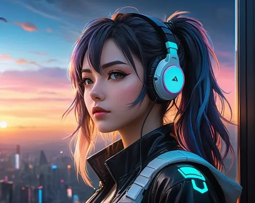 Prompt: Generate strikingly vivid and hyper-realistic anime style images of young beautiful lady Cyberpunk style contemplating life's deepest questions as she stares off into the sunset, while soaring through the sky.