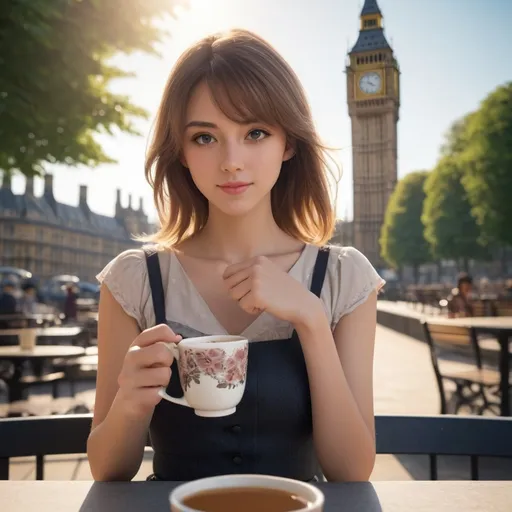 Prompt: A ((digitally rendered:1.5)) (4K anime-artistic:2.0) image featuring a ((very beautiful and attractive young woman:2.0)) enjoying a coffee in a ((stylized cup:1.8)) at an outdoor café, with the Big Ben in the background. The woman has a (charming expression:1.5) as she sits (comfortably:1.3), taking in the scenery. She is dressed in a (fashionable outfit:1.4) that complements her surroundings, with the details of her attire highlighted by the (soft daylight:1.4). The background features the iconic Big Ben, slightly blurred to keep the focus on the woman, but still recognisable, adding a touch of British charm to the scene. The warm sunlight creates (gentle shadows:1.3) and a (serene atmosphere:1.4). The colours are vibrant, enhancing the overall feel of the image. --style anime --ar 16:9 --q 8 --v 5 --seed 812345 --neg (harsh shadows:1.5), (cluttered background:1.4)