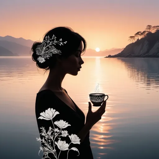 Prompt: This artistic digital illustration features a creative double exposure effect, blending the profile of a serene woman with a tranquil seaside landscape. The woman's profile is depicted in black silhouette, her hair elegantly styled and adorned with floral elements, suggesting a connection to nature. She is holding a steaming cup, evoking a sense of calm and reflection. Within her silhouette, a beautiful sunset scene is embedded, showing the sun dipping behind distant mountains across the sea. The warm hues of the sunset merge seamlessly with the woman's form, creating a harmonious blend of human and nature. Small sailboats drift across the calm waters in the lower part of the image, adding to the peaceful, dreamlike atmosphere. The overall composition conveys a sense of tranquility, balance, and the intertwining of human experience with the natural world.