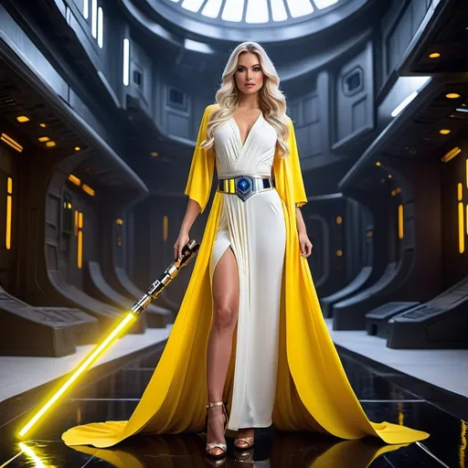 Prompt: A ((gorgeous, 25-year-old Finnish goddess:1.8)) with a ((ridiculously long, flowing burnt white hair:1.6)), wearing ((Jedi robes:1.5)) and ((8-inch stiletto high heel shoes:1.6)). She is holding a ((yellow lightsaber:2.0)) and posing in a ((futuristic village:1.7)) in the ((Star Wars universe:1.8)). --style realism --ar 16:9 --v 5 --q 5 --seed 987654 --neg modern elements