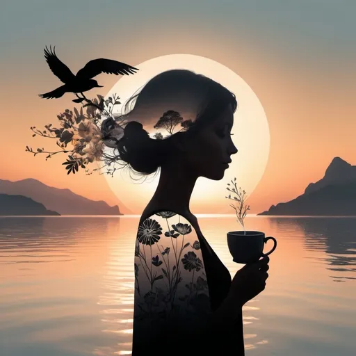 Prompt: This artistic digital illustration features a creative double exposure effect, blending the profile of a serene woman with a tranquil seaside landscape. The woman's profile is depicted in black silhouette, her hair elegantly styled and adorned with floral elements, suggesting a connection to nature. She is holding a steaming cup, evoking a sense of calm and reflection. Within her silhouette, a beautiful sunset scene is embedded, showing the sun dipping behind distant mountains across the sea. The warm hues of the sunset merge seamlessly with the woman's form, creating a harmonious blend of human and nature. Small sailboats drift across the calm waters in the lower part of the image, adding to the peaceful, dreamlike atmosphere. The overall composition conveys a sense of tranquility, balance, and the intertwining of human experience with the natural world.