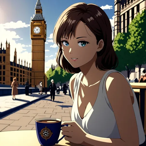 Prompt: A ((digitally rendered:1.5)) (4K anime-artistic:2.0) image featuring a ((very beautiful and attractive young woman:2.0)) enjoying a coffee in a ((stylized cup:1.8)) at an outdoor café, with the Big Ben in the background. The woman has a (charming expression:1.5) as she sits (comfortably:1.3), taking in the scenery. She is dressed in a (fashionable outfit:1.4) that complements her surroundings, with the details of her attire highlighted by the (soft daylight:1.4). The background features the iconic Big Ben, slightly blurred to keep the focus on the woman, but still recognisable, adding a touch of British charm to the scene. The warm sunlight creates (gentle shadows:1.3) and a (serene atmosphere:1.4). The colours are vibrant, enhancing the overall feel of the image. --style anime --ar 16:9 --q 8 --v 5 --seed 812345 --neg (harsh shadows:1.5), (cluttered background:1.4)