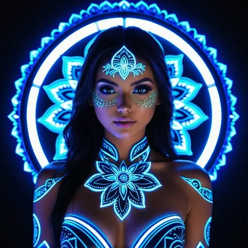 Prompt: A ((digital rendered artistic anime image:1.5)) in 4K resolution. The scene features a (woman:1.3) with (neon mandala body painting:1.5) that (glows in the dark:1.7) under (black or blue lights:1.4). The background shows a (photography studio:1.2) with the (appropriate lighting setup:1.3) to make the (neon mandala:1.6) on her body (stand out:1.8). The glow effect, the vivid neon colours, and the contrast with the dark environment are all key elements that should be highlighted to ensure the painting is the focal point of the image. --style anime --ar 16:9 --q 2 --v 5 --seed 738419