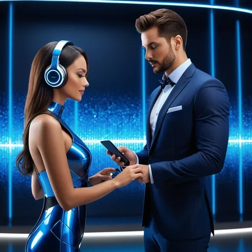 Prompt: A ((photorealistic digital render:1.5)) in ((modern style:1.3)) of a (21st-century scene:1.2). The image shows a ((man in a dark blue suit:1.4)) wearing headphones, interacting with a ((futuristic woman android:1.5)) in a (sleek and modern setting:1.3). The man is holding a (mobile device:1.3) and gesturing while the android, with a ((metallic body and blue lights:1.5)), observes him. The background displays an ((elegant environment:1.4)) with (warm lighting:1.3) contrasting with the android's blue lights. --style photorealistic --ar 16:9 --q 5 --v 5 --seed 928374
