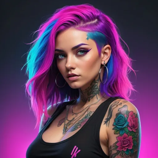 Prompt: A vibrant and dynamic digital illustration featuring a striking female character with a neon-punk aesthetic. The woman has long, flowing hair that transitions smoothly from electric pink to deep purple and bright blue, creating a mesmerizing gradient effect. Her eyes are a vivid purple, accentuated by bold, dark eyebrows and sharp eyeliner, which add intensity to her gaze. She is adorned with hoop earrings and has several tattoos on her arms, including colourful floral designs that stand out against her skin. The character is dressed in a sleek, black, sleeveless top that complements her edgy and modern style. The background is a deep, dark hue, which contrasts beautifully with the bright colours of her hair and tattoos, making her the focal point of the artwork. The overall style is a mix of cyberpunk and neon aesthetic, with a strong emphasis on vivid colours and bold lines. 
Tags: neon-punk, digital art, vibrant hair, tattoos, cyberpunk, modern style, edgy, colourful.