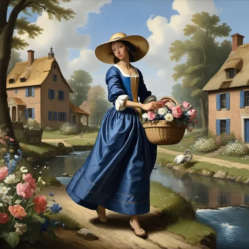 Prompt: A painting in the style of ((Baroque:1.5)) like ((Johannes Vermeer:1.5)). A ((rococo woman:1.5)) running through a ((field of flowers:1.4)) with a ((long dress:1.4)), ((straw hat:1.4)), and a ((basket of flowers:1.4)). There is a ((stream:1.5)) and a ((cottage:1.5)). A ((blue heron:1.5)) is drinking from the stream:1.5. Fish are jumping:1.4. --style Baroque --ar 16:9 --q 5 --v 4 --seed 123456789 --neg lowres, deformities, extra arms, extra legs