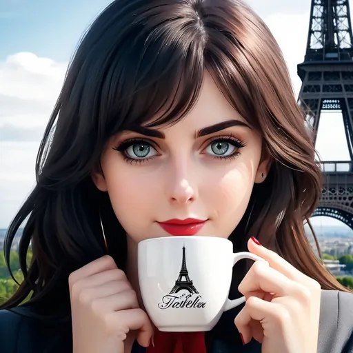 Prompt: ((Rendered 4k 8k anime-realistic style image:2.0)) of a gorgeous American young woman in a Good morning mood drinking a tea (only one stylised mug of tea) at the Eiffel Tower. 
She has a dark hair, grey eyes, red nails.