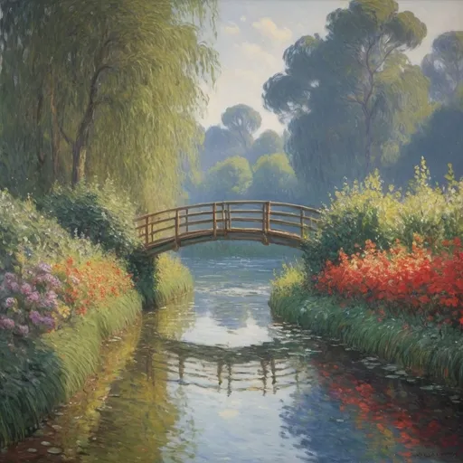 Prompt: A ((Monet masterpiece of Impressionist art:2.0)) depicting a (wooden bridge:1.5) gracefully spanning a (serene river:1.4). The painting embodies the core principles of Impressionism, with the scene capturing the natural beauty of the landscape at a specific moment in time. The brushstrokes are ((loose and fluid:1.7)), with pure colours—(blue, red, yellow, and their secondary hues:1.3)—applied directly onto the canvas without blending on the palette. The brushstrokes are ((juxtaposed:1.5)), creating a textured surface that adds depth and movement to the scene. The light and colour unify the composition, with the scene reflecting the changing light and the artist's impression of the moment. The volume is suggested through the careful placement of colour rather than defined contours, and the perspective flows naturally from the foreground to the horizon, creating a sense of depth without relying on geometric rules. The overall effect is that of a ((timeless and magnificent work of art:2.0)), evoking the beauty and emotion of the moment as seen through the eyes of a true Impressionist master. --style Monet impressionist --ar 4:3 --v 5 --q 10 --seed 873459