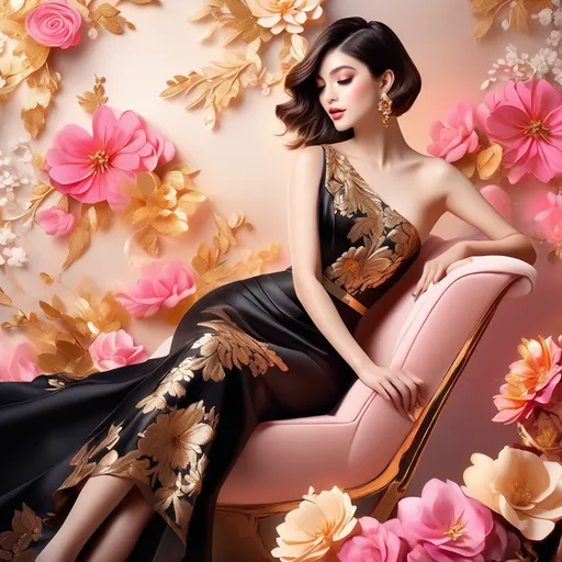 Prompt: beautiful woman vibrant pink and vibrant gold, Bob cut hair, elegant black dress, high heels, floral background, realism, pink and gold