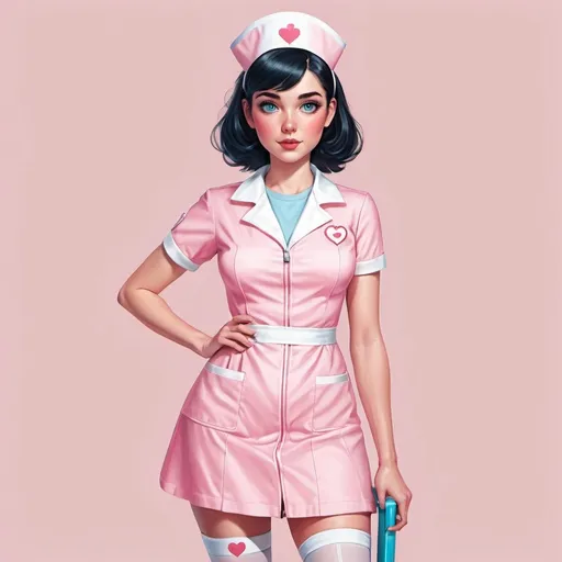 Prompt: A digital illustration of a young woman dressed in a form-fitting pink nurse uniform. The outfit is modern and stylized, featuring a short dress with a front zipper and white accents. She wears a matching nurse hat adorned with a pink heart symbol. Her stockings are white and glossy, extending into pink high heels, which complement the overall pastel aesthetic. The background is a soft pink, further enhancing the gentle and cute vibe of the artwork. The character's large blue eyes, short dark hair, and delicate features add to the appeal, giving her a warm and approachable appearance.
