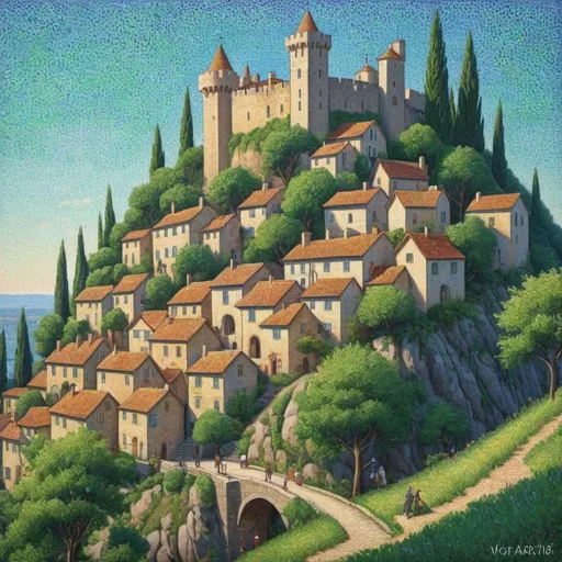 Prompt: A painting in the style of ((pointillism:2.0)). On a ((steep, rocky hill:1.5)) with ((many cypress trees:1.4)) sits a ((crowded medieval city:1.5)), with ((narrow streets:1.4)), ((tightly packed buildings:1.4)), ((churches:1.4)), ((gardens:1.4)), ((many staircases:1.4)), ((bridges:1.4)), ((towers:1.4)), and ((archways:1.4)). At the very top of this ((hill city:1.5)) is a ((tall yet simple castle:1.5)) with ((walls that match the walls surrounding the town itself:1.5)), just as the ((river surrounds the hill:1.5)) on ((three sides:1.5)). The art style should be ((pointillism:2.00)). --style pointillism --ar 16:9 --q 5 --v 4 --seed 170622
