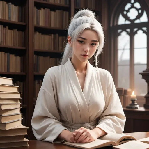 Prompt: A ((contemporary anime-style digital illustration:1.5)) depicting a (young woman:1.3) with (silver hair tied in a high ponytail:1.5), sitting on a chair in an (old library:1.4). She is dressed in a (light ivory robe:1.3), surrounded by (stacks of books:1.4). Her expression is (thoughtful:1.4) as she gazes at the camera. The soft lighting comes from a (large window behind her:1.4), and a (lit candle:1.3) adds a warm touch to the atmosphere. --style anime --ar 16:9 --q 8 --v 5 --seed 457831