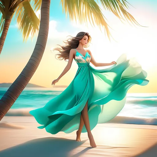 Prompt: beautiful flowing teal beach fashion and a cat, soft cinematic rendering , realistic anime