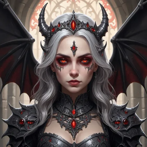 Prompt: A highly detailed digital illustration of a gothic and fantasy-inspired female character with dark bat-like wings, flowing grey hair, and glowing red eyes. She is adorned in ornate, stone-like armour with intricate designs and embedded red gemstones. The character has a demonic appearance, with small horns on her head crowned by a skull-like structure. The background features a dark, medieval castle or fortress, enhancing the eerie and mystical atmosphere of the scene.