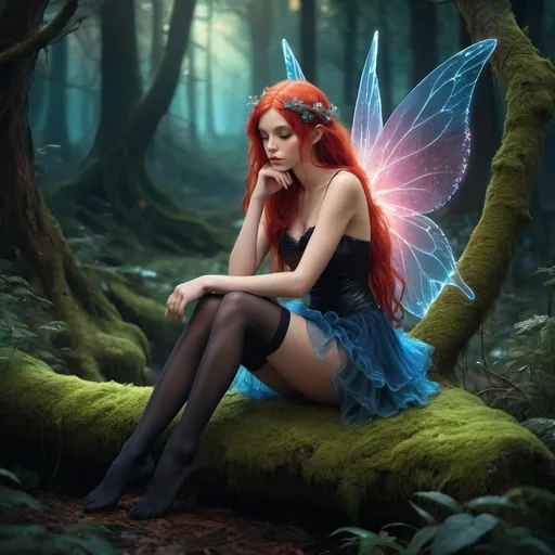 Prompt: A digital artwork portraying a pensive fairy seated on a moss-covered branch in a mystical forest. The fairy has long, flowing red hair that contrasts beautifully with her glowing, translucent blue wings. She is dressed in a black, form-fitting outfit with a short ruffled skirt and thigh-high stockings, giving her a modern, edgy appearance. Her expression is thoughtful, and she rests her chin on her hand, lost in deep contemplation. The surrounding forest is bathed in soft, ethereal light, with tiny sparkling orbs floating around, adding to the magical atmosphere. The combination of vibrant colours and detailed textures creates a captivating and otherworldly scene.