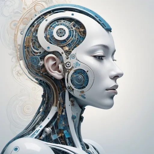 Prompt: An abstract digital artwork featuring the side profile of a humanoid figure with a mechanical or cyborg-like appearance. The figure's face is white and smooth, with intricate geometric patterns and circuits extending from the head and merging into the background. The artwork uses a mix of soft, swirling colours, primarily blues, whites, and earthy tones, creating a dreamlike and ethereal atmosphere. The figure appears to be fused with the abstract, flowing elements around it, blending organic and mechanical motifs in a harmonious composition, evoking a sense of fluidity and integration between the two themes.