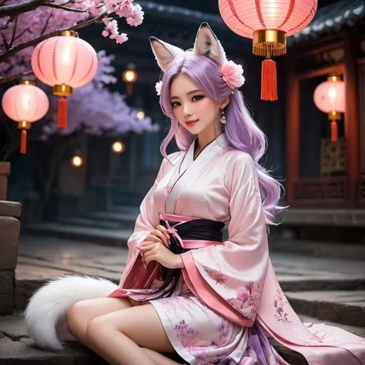 Prompt: A (((digital anime-artistic 4k or 8k rendered image:2.0))) of a ((fox-eared girl:1.5)) sitting in a ((nocturnal setting:1.3)) decorated with ((traditional lanterns:1.4)) and a background evoking an ((Asian-inspired city:1.5)). She is holding a ((fan in her hand:1.2)) and is dressed in a ((traditional yet stylised outfit adorned with flowers and ribbons:1.6)). The girl has ((long pink hair:1.7)) that gently falls over her shoulders. She wears an ((elaborate dress with floral details in pink and black tones:1.6)), complementing her ((fox ears and tail, which are also a light pink shade:1.7)). Her expression is (((sweet and serene:2.0))), with ((large, bright lilac eyes:1.9)). She has ((floral accessories and ribbons in her hair:1.4)), accentuating her ((feminine and delicate appearance:1.5)). The girl is seated in a relaxed manner, with ((one leg crossed over the other:1.3)), holding a ((fan in her right hand:1.3)) while her ((left hand rests on her knee:1.3)). Her posture is (((elegant and calm:2.0))), reflecting a ((serene and confident attitude:1.7)). The background is a mix of ((traditional oriental elements:1.5)), with ((hanging lanterns emitting a warm, soft light:1.6)). The nocturnal scene is primarily lit by these lanterns, creating a (((cosy and magical atmosphere:2.0))). An ((Asian-style architecture:1.4)) can be seen in the background, blurred by distance, adding depth to the scene.