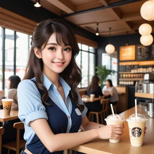 Prompt: A 8k rendered anime-artistic-style illustration depicting a young woman standing in a modern café. She has long, wavy dark hair and is wearing a blue button-up shirt with the sleeves rolled up, paired with black high-waisted shorts. The woman is smiling warmly, exuding a friendly and inviting aura. The background features a bright and spacious café interior with sunlight streaming through large windows, illuminating the scene. On the counter beside her, there are several cups of bubble tea arranged in a neat row. In the background, other patrons can be seen enjoying their time, contributing to the lively yet relaxed atmosphere of the café.