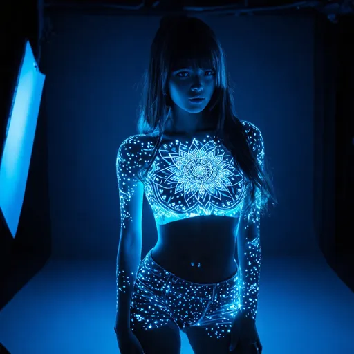 Prompt: A ((digital rendered artistic anime image:1.5)) in 4K resolution. The scene features a (woman:1.3) with (neon mandala body painting:1.5) that (glows in the dark:1.7) under (black or blue lights:1.4). She has big chest, curvaceous figure and she is very thin. The background shows a (photography studio:1.2) with the (appropriate lighting setup:1.3) to make the (neon mandala:1.6) on her body (stand out:1.8). The glow effect, the vivid neon colours, and the contrast with the dark environment are all key elements that should be highlighted to ensure the painting is the focal point of the image. --style anime --ar 16:9 --q 2 --v 5 --seed 738419