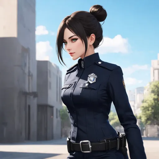 Prompt: An unreal digital rendered artistic anime image that shows a full body 23-year-old woman dressed in a fitted police outfit, posing firmly and confidently. She is standing, leaning forward while looking directly at the camera with a serious yet attractive expression. Her hair is tied up in a high bun, highlighting her facial features. She has a graceful figure, with a proportioned chest. Her large, expressive green eyes are accentuated by light makeup that enhances her gaze. The police outfit is dark navy blue with badges on the shoulders and features a modest neckline. Additionally, she wears a tactical belt with a holster. The background shows an urban setting with modern buildings and clean lines, suggesting a city location. The lighting is soft and natural, likely from daylight, enhancing the outfit's details and her facial features. Soft shadows add depth to the image without distracting from the main subject. --style unreal digital artistic anime photograph --q 10 --v 5 --seed 738419