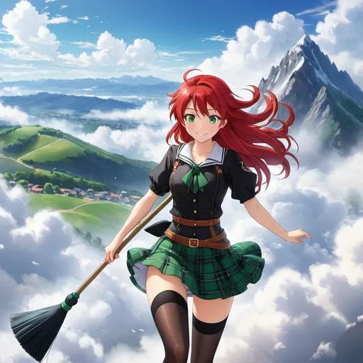 Prompt: A ((realistic anime-style image:1.8)) of a ((red-haired girl:1.7)) riding a ((broom:1.6)). The girl has ((green eyes:1.6)) with a ((kind gaze:1.5)) and a ((nervous smile:1.5)). She is wearing a ((red top:1.6)), a ((black and green plaid mini skirt:1.7)) that barely covers her, and ((black thigh-high stockings:1.6)). The background features ((clouds:1.5)) and ((mountain peaks:1.4)). The girl's figure is ((perfect:1.7)) and she is shown in ((full body:1.6)), flying through the ((clouds:1.5)). --style anime realism --ar 9:16 --v 5 --q 5 --seed 345678 --neg clutter